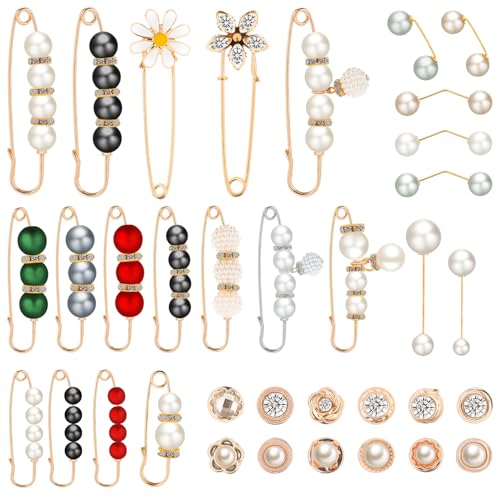 35 Pcs Pearl Brooch Sweater Shawl Neckline Pins Faux Pearl Buttones Artificial Pearls Brooches for Girls Women Cover Up Clothing Dresses Decoration Accessories Pant Waist Tightener Safety Pins