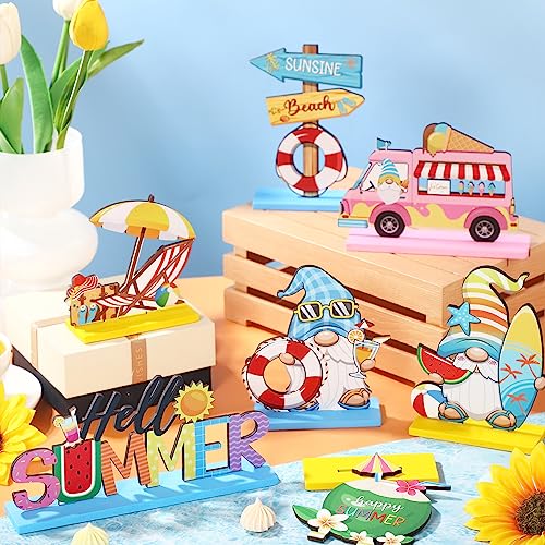 7 Pieces Hello Summer Table Decoration Sign Wooden Centerpieces Beach Gnome Wooden Decor for Farmhouse Summer Beach Home Table Tiered Tray Decor