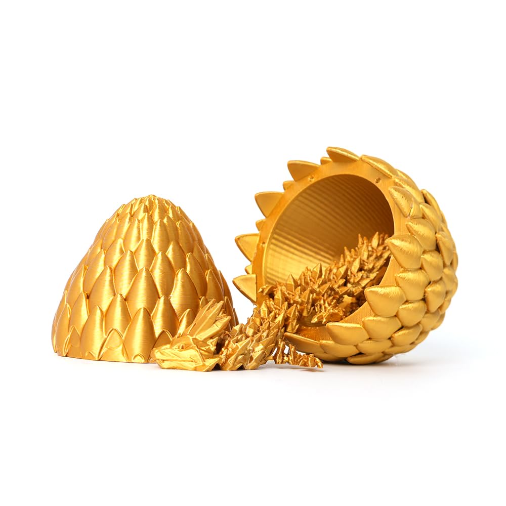 3D Printed Dragon Egg - Gold - Surprise Egg with 12" Flexible Crystal Dragon Inside, Mythical 3D Printed Gift Toy, Desk Executive Pet, Figurine Decor for Christmas, Birthday, Easter
