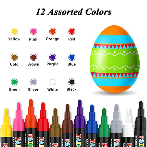 SUPKIZ Paint Pen Paint Markers, 12 Colors Oil-Based Waterproof Marker Pens, Permanent Fabric Paint Quick Dry Marker for Metal, Egg, Tire, Rock, Wood, Canvas, Plastic, Glass, Engineer, DIY Craft