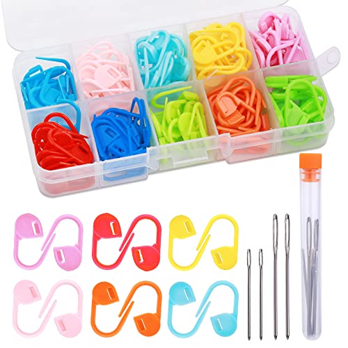 LUNARM 124 Pcs Stitch Markers for Crocheting, Colorful Knitting Markers Crochet Clips with 4 Pcs Big Eyes Sewing Needles, 10 Colors Stitch Locking Clip with Storage Box