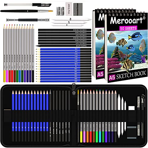 43 Sketch Pencils Set with Two 50 Page Sketchbooks, Colour Pencil Set - Professional Watercolour Pencils for Adults/Children, Professionals/Beginners, Durable Art Pencils for Colouring, Black Zip Case