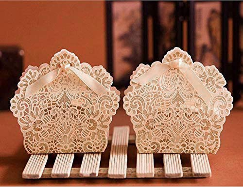 ponatia 50 PCS Laser Cut With Ribbon Wedding Party Favor Box, Wedding Gift Box, Chocolate Candy and Gift Boxes Paper bags for packaging(Gold)