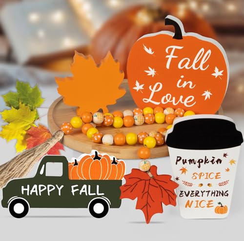 5Pcs Fall Decor Fall Decorations for Home Fall Tiered Tray Decor Pumpkin Truck Gnome Coffee Cup Sign Wood Bead Garland Fall Table Decor for Autumn Harvest Thanksgiving Decor