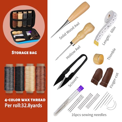 MORFEN Leather Sewing Kit, Leather Stitching Kit, Leather Working Kit with Leather Needles, Sewing Awl, Waxed Thread, Leather Upholstery Repair Kit, Sewing Tools for hand stitching DIY Leather Craft