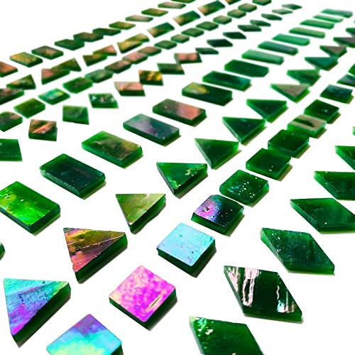KALUCION Iridescent Green Mosaic Tiles for Crafts, 280 Pieces Mixed 4 Shapes Stained Glass Sheets, Stained Glass Supplies for Mosaic Projects