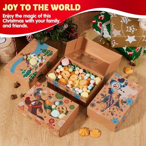 JOYIN 12 Foiled Kraft Christmas Cookie Boxes with Window 8.5" x 5.75" x 2.75", Treat Boxes with 3 Designs for Pastries, Cupcakes, Brownies, Gift-Giving, Doughnut and Cookie, Brown Kraft Bakery Boxes