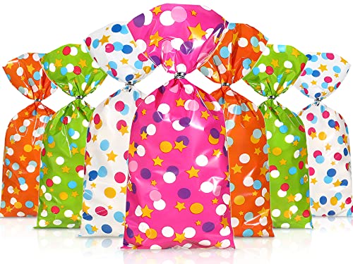 100 Pcs Cellophane Treat Bags, Polka Dots Goodie Bags Star Party Favor Candy Bags with 100 Twist Ties Rainbow Stars Theme for Birthday Baby Shower Pride Day School Supplies (Dot Style)