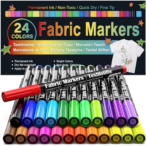 Fabric Markers Permanent For Clothes, 24 Colors Fabric Pens - Waterproof & Machine Washable, for T-Shirt, Canvas Shoes, Bags, Pillowcase & Baby Onesies, Fine Tip Clothing Markers for Laundry Marker