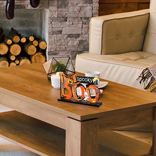 Blulu 3 Happy Halloween Table Decorations, Pumpkin Table Centerpieces Boo Sign Wooden Candy Day for Halloween Party Dinner Coffee Table Topper Tier Tray Room Decor, 7.87 x 4.72 Inch