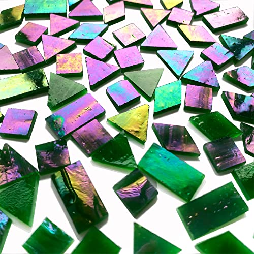 KALUCION Iridescent Green Mosaic Tiles for Crafts, 280 Pieces Mixed 4 Shapes Stained Glass Sheets, Stained Glass Supplies for Mosaic Projects