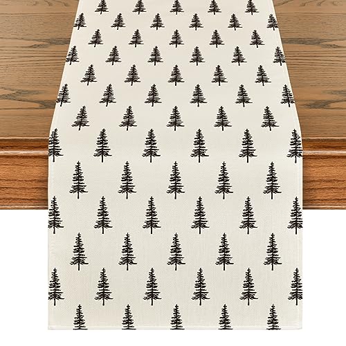 Mode Beige Xmas Tree Christmas Table Runner, Seasonal Winter Kitchen Dining Table Decoration for Home Party Decor 13x72 Inch
