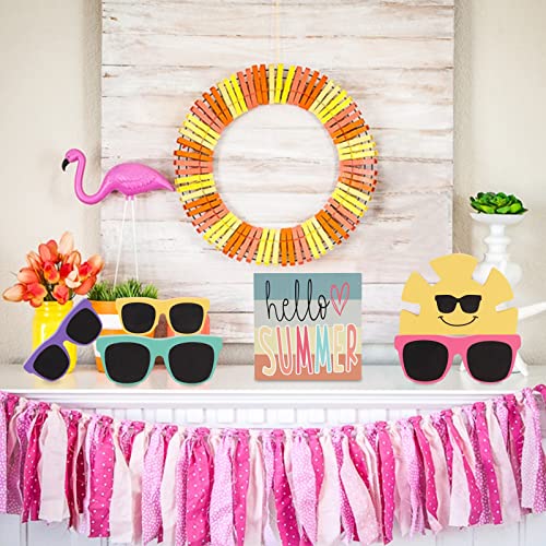 Summer Decor - 6 PCS Rustic Summer Tiered Tray Decor - Hello Summer Sunglasses Sunshine Wood Decorations - Luau Party Decorations