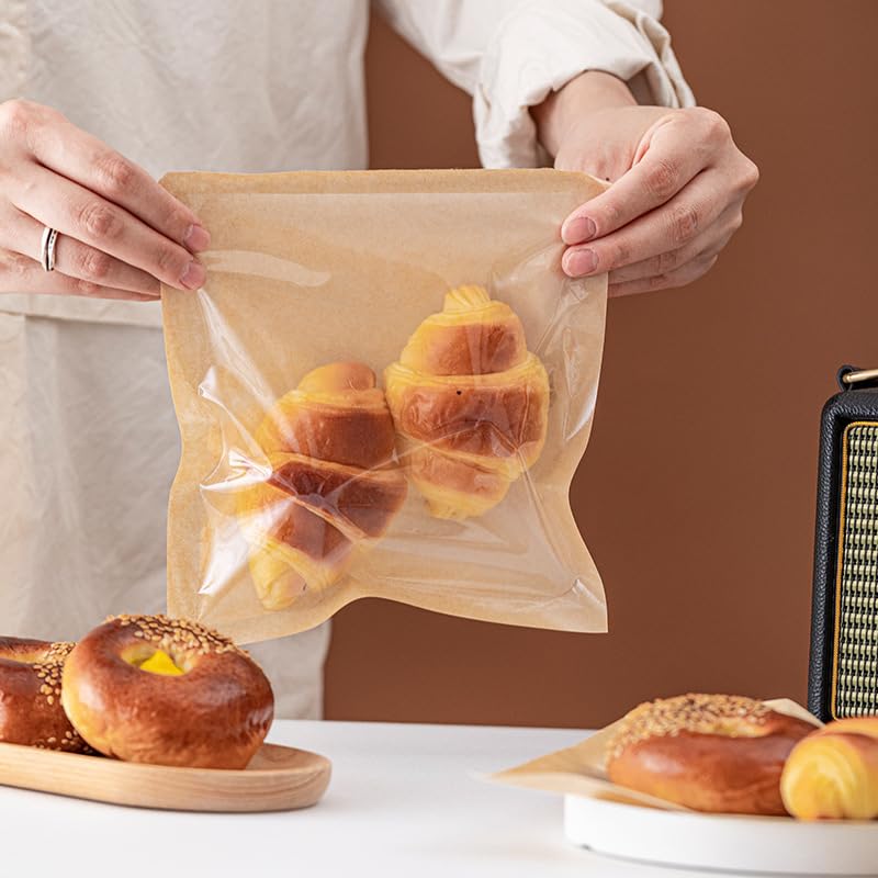 Ocmoiy 100ct Heat-Sealable Bakery Bags with Window for Egg Sandwich, Donut, Cookies Packaging, 7.1x7.5 Inches Clear Front Paper Treat bags To go, Grease-Resistant (100)