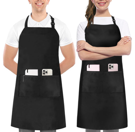 2 Pack Bib Apron, Adjustable with 2 Pockets, Water and Oil Resistant, Cooking Kitchen Chef Apron for Women Men
