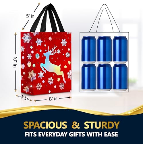 12 Christmas Gift Bags with Handles – Reusable Christmas Bags for Gifts Medium Size - Holiday Gift Bags in Festive Red, Green & Navy Blue Mix - Perfect Party Favor Bags for Xmas - 8x4x10