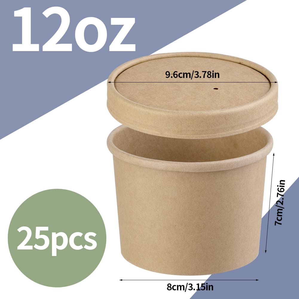 12 oz 25 Pack Paper Soup Containers with lids, Disposable Kraft Food Cups, Soup Cups Paper Ice Cream Cup, Dessert Cup, Yogurt Ice Cream Containers. Great For Restaurants, Take Outs, or To-Go Lunch