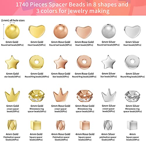 ARTDOT 1740 Pieces Gold Beads for Friendship Bracelets Making Kit, 8 Shapes Organized Jewelry Making Supplies Spacer Beads Set with Rhinestones Crafts Gifts for Teen Girls Ages 6 7 8 9 10 11 12
