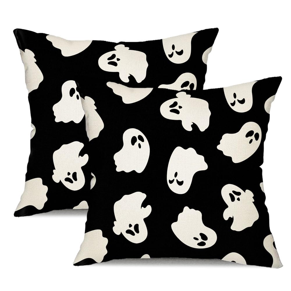 DFXSZ Halloween Pillow Covers 18x18 inch Set of 2 Happy Halloween White Ghost Decor Black Pillow Covers Happy Halloween Sofa Bed Outdoor Car Decoration TH-14A18