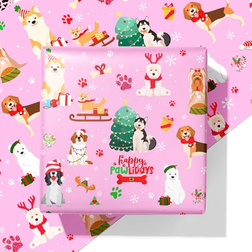 Cuitpan Pink Dog Christmas Wrapping Paper - Xmas Gift Wrap with Christmas Trees, Dog Breeds, Paw Prints & Snowflakes Design- Perfect for Kids & Adults Gift Wrapping - 40×28 Inches, 4 Folded Sheets