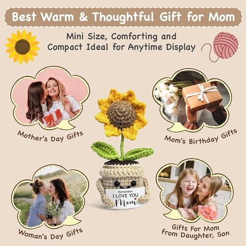 Mini Birthday Gifts for Mom, Mom Gifts from Daughters Remember I Love You MOM, Handmade Crochet Cute Small Sunflower Gifts, Gift for Mom from Daughter, Son, Mothers Day for Mom