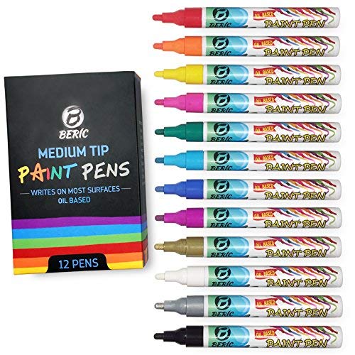 Premium Paint Pens by Beric 12 pack, Oil-based Paint Marker, Medium Point, Writes on Almost Anything, Water and Sun Resistant Vibrant Colors Low Odor Long Lasting Fast Drying Assorted Colors