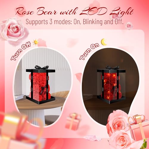 Otlonpe Bear Rose Flower, Mothers Day Flowers Gifts for Mom Wife Grandma Daughter Friends Sister Her, 9 inch Handmade Roses Led Light in Gifts Box, Womens Gifts for Birthday Christmas Valentines