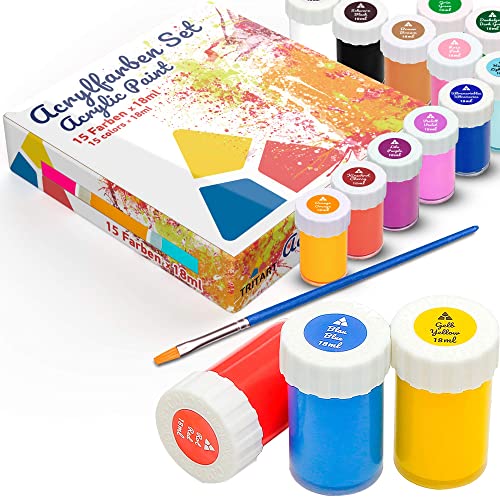Tritart Acrylic Paint Set - 15 x 0.6oz Paints for Canvas Painting & Artists Painting Supplies - Acrylic Paint Set for Adults and Kids with Free Brush