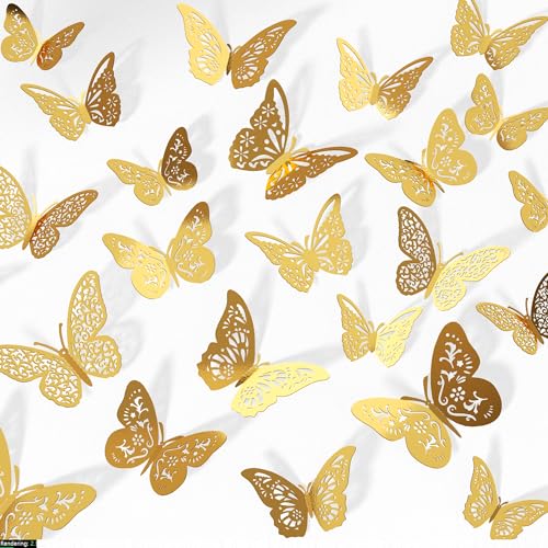 Crosize 48 Pcs Gold Butterfly Decorations, 4 Styles 3 Sizes, Butterfly Wall Decor, 3D Butterfly Party Decorations, Butterflies for Crafts, Bouquet, Cake Decorating, Flower Arrangements, Room Décor