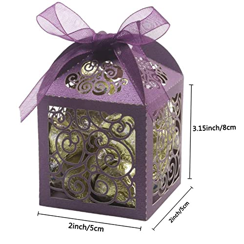 KPOSIYA 100 Pack Wedding Favor Boxes Laser Cut Boxes Party Favor Box Small Gift Boxes Lace Candy Boxes for Wedding Bridal Shower Baby Shower Birthday Party Anniverary with Ribbons (Purple, 100)
