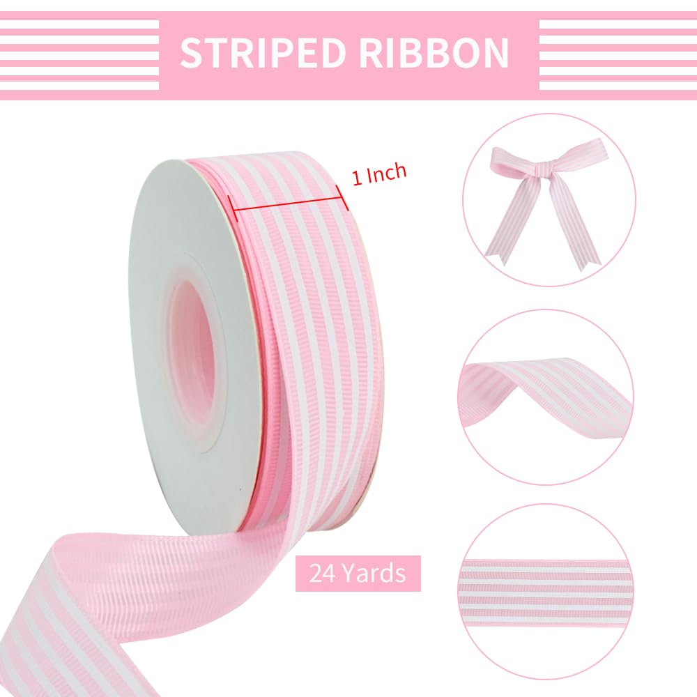 Pink White Striped Ribbon 1 Inch Wide Fabric Grosgrain Ribbons 25 Yards Roll for Gift Wrapping Valentine's Day DIY Hair Accessories Crafts Party Holiday Wedding Christmas Birthday Decoration