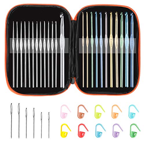 Tomorotec Multi-Color Metallic Crochet Hooks Set, Art Aluminum Knitting Needles for Yarn Craft Set with Sylish Storage Bag, Stitch Markers and Big Eye Needles