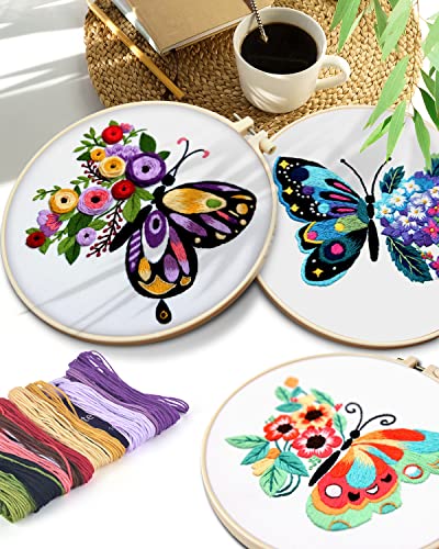 TINDTOP 3 Sets Embroidery Stitch Practice kit, Butterfly Flower Embroidery Kit for Beginners Include Cloth Hoops Threads for Craft Lover Hand Stitch with Embroidery Skill Techniques