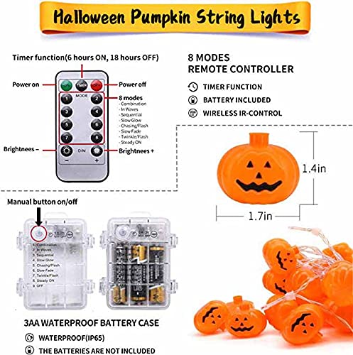 Woochic Halloween String Lights, LED Pumpkin Lights - 3D Waterproof Orange Jack-O-Lantern 20 LED Battery Operated String Lights, 8 Modes Holiday Lights for Indoor Outdoor Decor Party Decorations