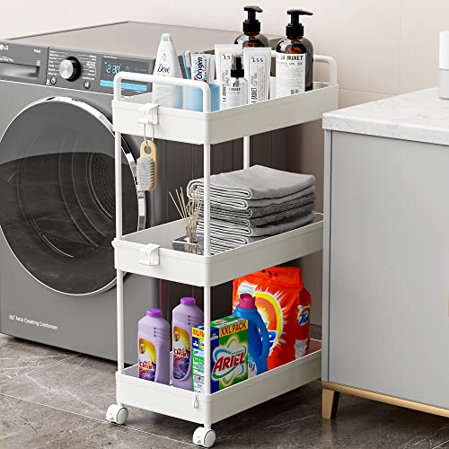 Ronlap 3 Tier Classic Storage Rolling Cart Slim Storage Cart with Wheels Slide Out Storage Rolling Cart Organizer Plastic for Bathroom Laundry, White