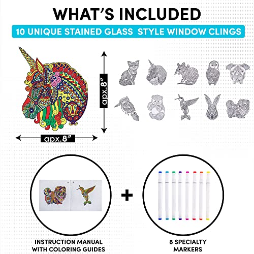 Hula Home Stained Glass Mandala Art Kit - Animal DIY Window Clings with Markers, 10 Suncatchers - Perfect Hobby for Adults, Kids, Teens & Seniors - Ideal Gift for Beginners, Women & Elderly