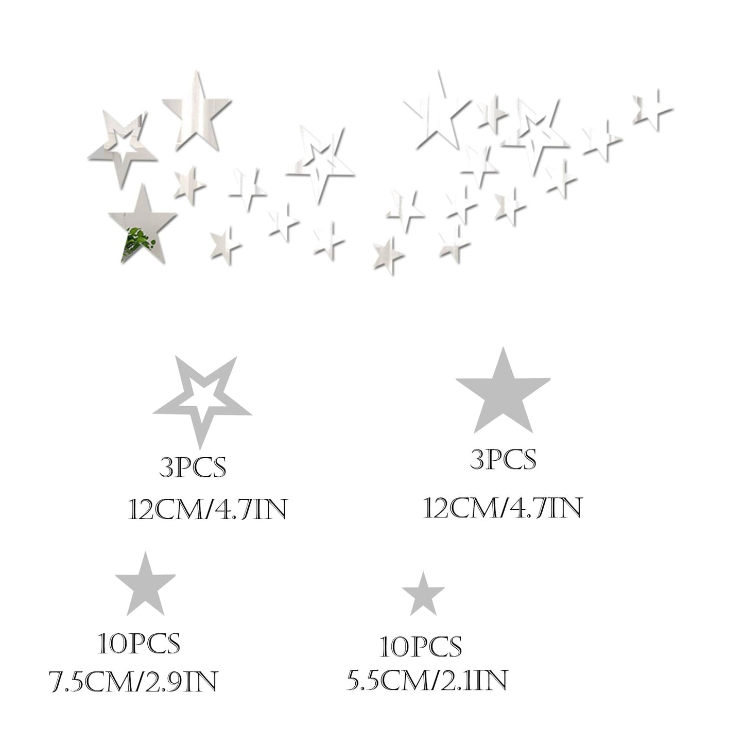 26pcs Stars Acrylic Mirror Wall Stickers 4Sizes Stars Stickers with Adhesive Art Decal 3D Wall Decorations for Baby Kids Bedroom Home DIY Decor (Silver Stars)