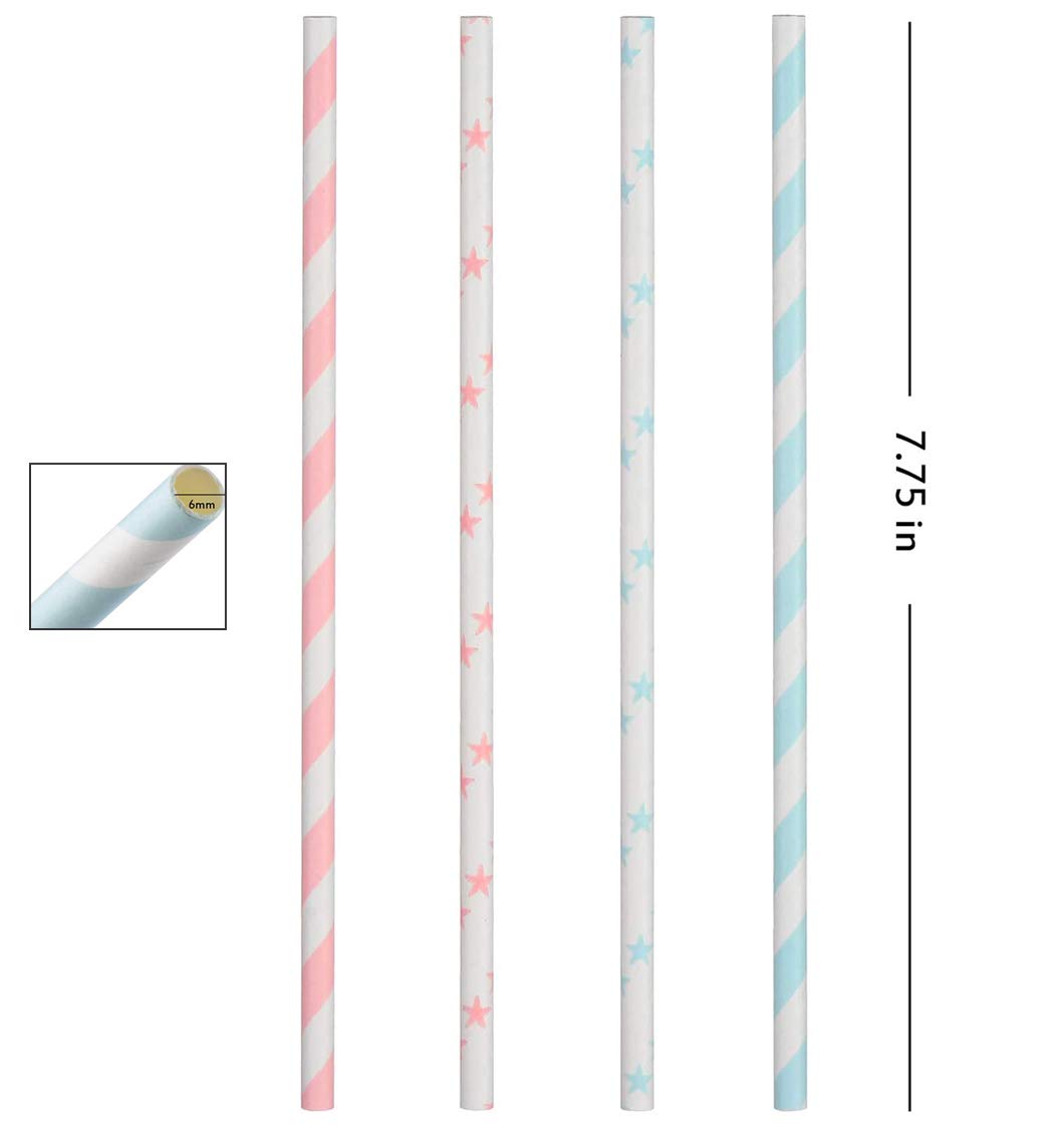 ALINK Light Pink Blue White Paper Straws Bulk, 100 Biodegradable Party Straws for Boy Girl Baby Shower, Gender Reveal, Birthday, Wedding and Celebrations