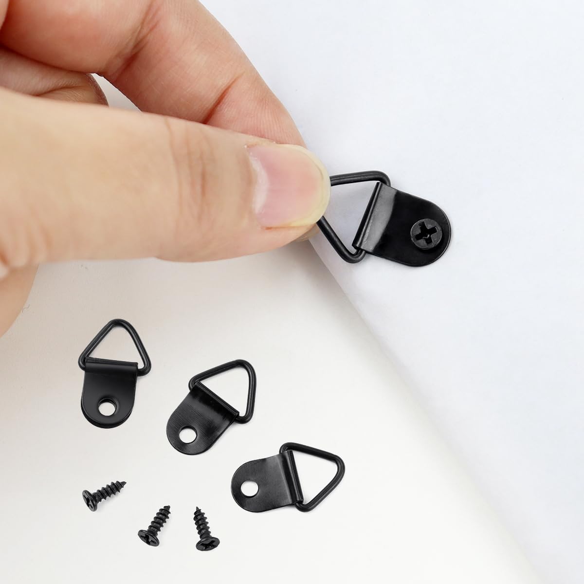 100 Pack Steel Picture Hangers with 100pcs 8mm Screws, Small Triangle Ring, Light Duty D Rings for Clock, Decoration, Mirror, Paintings, Artwork Picture Frame (Black)