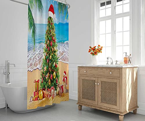 Allenjoy Summer Christmas Tree Shower Curtain Tropical Beach Xmas in July New Year Home Bathtubs Bathroom Curtain Decoration Set 12 Hooks Washable Durable Polyester Fabric 72" x 72"