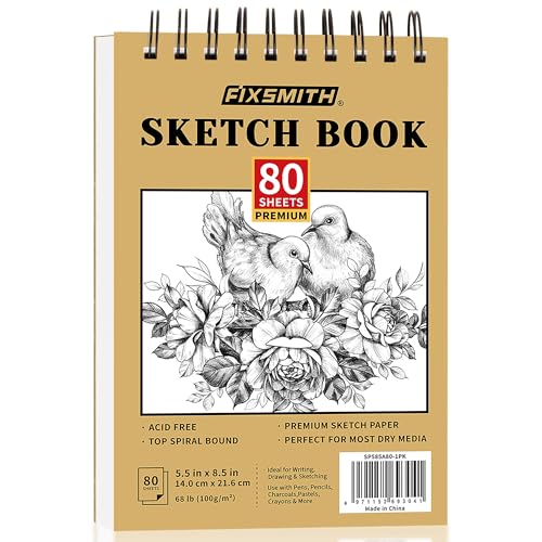 FIXSMITH 5.5"X8.5" Sketch Book | 80 Sheets (68 lb/100gsm) Sketchbook | Top Spiral Bound Artist Sketch Pad | Acid Free Drawing Pad | Ideal for Kids, Beginners, Artists & Painters | Bright White