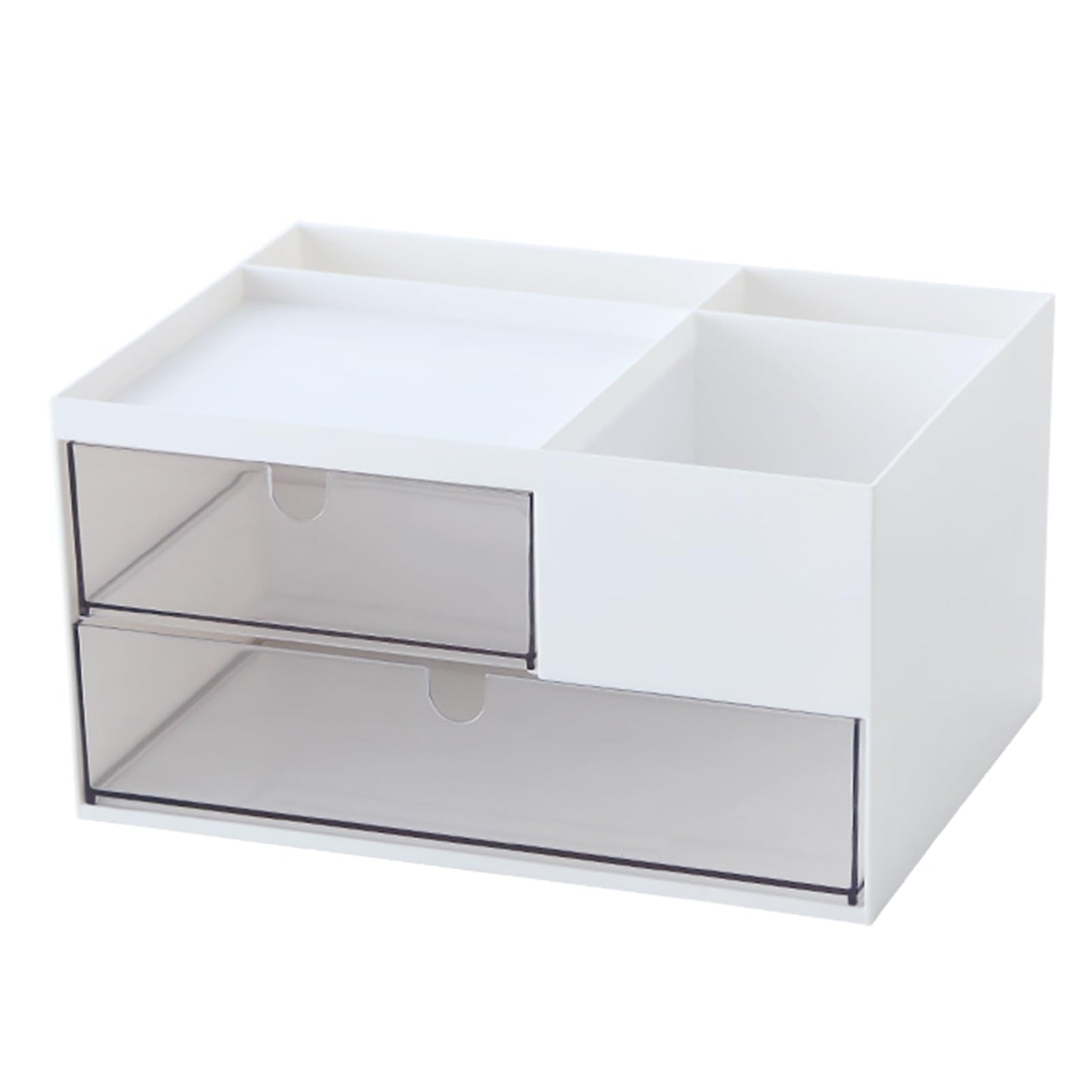 Makeup Organizer with 2 Drawers, Desk Organizer, 4 Compartments, Cosmetics Storage Box for nail polish,Lipstick, Brushes, Jewelry, Skincare, Bathroom Organization Boxes - White