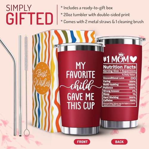 Mothers Day Gifts for Mom from Daughter, Son, Kids - Funny Mom Gift - Mama Coffee Cup My Favorite Child Gave Me This Cup - Birthday, Mothers Day, Christmas Gift Idea - 20oz Stainless Steel Red Tumbler