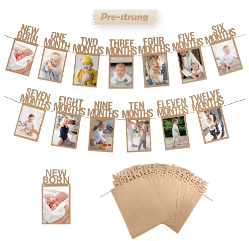 HiParty 1st Birthday Baby Photo Banner for Newborn to 12 Months, First Birthday Decorations for Boys or Girls, First Birthday Photo Banner Pre-Strung with Frame,Monthly Milestones Birthday Party Kit