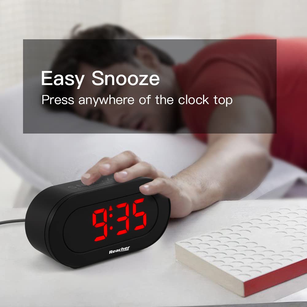REACHER Small LED Digital Alarm Clock with Simple Operation, Full Range Brightness Dimmer, USB Phone Charger Port, Easy Snooze, Adjustable Alarm Volume, Outlet Powered for Bedrooms Bedside(Black)