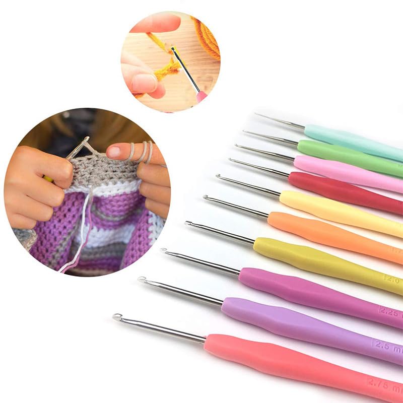10Pcs Knitting Needles Crochet Hook - Multicolor Ergonomic Crochet Hooks Set - Rubber Handled Aluminum Crochet Hooks - Small Crochet Hooks Knitting Kit for Beginners Crochet Kit for Crocheting Yarn