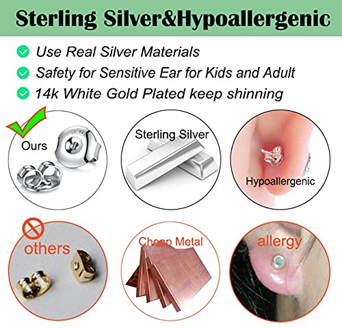 Catinee 16PCS 925 Sterling Silver Earring Backs,14k White Gold Plated Earring Backs for Studs,Hypoallergenic Secure Earring Backings for Locking Stud Earrings