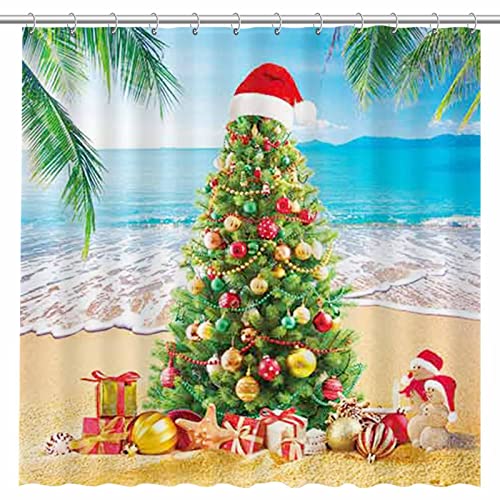 Allenjoy Summer Christmas Tree Shower Curtain Tropical Beach Xmas in July New Year Home Bathtubs Bathroom Curtain Decoration Set 12 Hooks Washable Durable Polyester Fabric 72" x 72"
