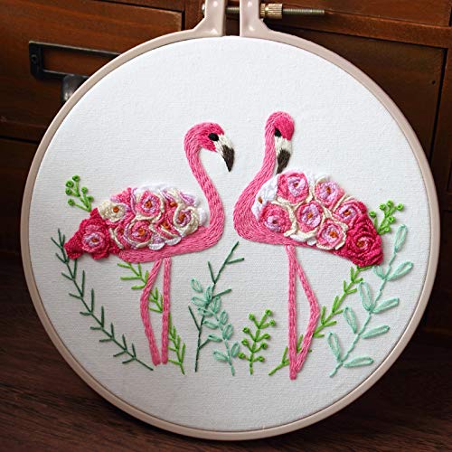 Flamingo Embroidery Kit for Beginners with Pattern Floral Stamped Full Range of Embroidery Starter Kit for Adults Cross Stitch Kit with Embroidery Cloth, Hoops, Color Thread and Tools,Set of 2