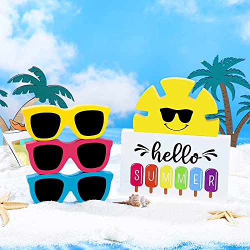 5 Pcs Hello Summer Tiered Tray Decor Wooden Sunglasses Table Decor Set Rustic Tabletop Decoration Farmhouse Sunshine Flower Wood Table Sign Centerpieces Summer Decorations for Home Office Shelf